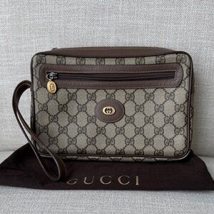 Gucci Brown coated canvas vintage wristlet clutch